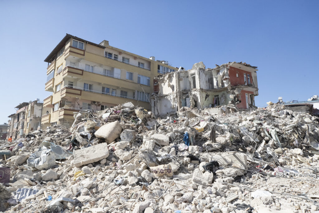 Turkey earthquake aerial view. Aerial view of collapsed buildings in Hatay