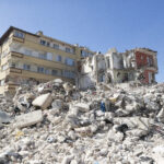 Turkey earthquake aerial view. Aerial view of collapsed buildings in Hatay